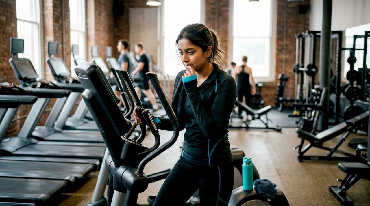 Young woman nervously adjusting gym machine
