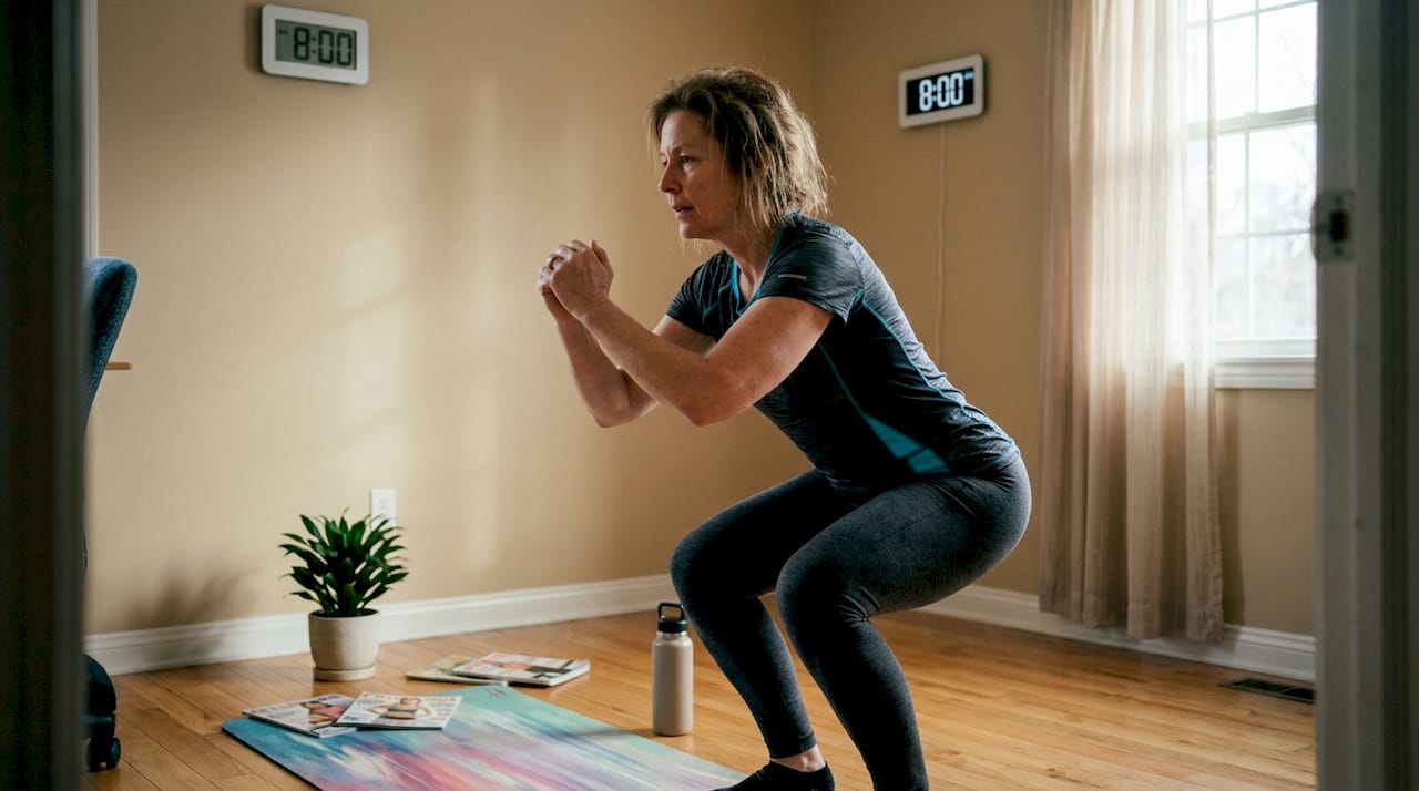 Woman practicing bodyweight squats at home