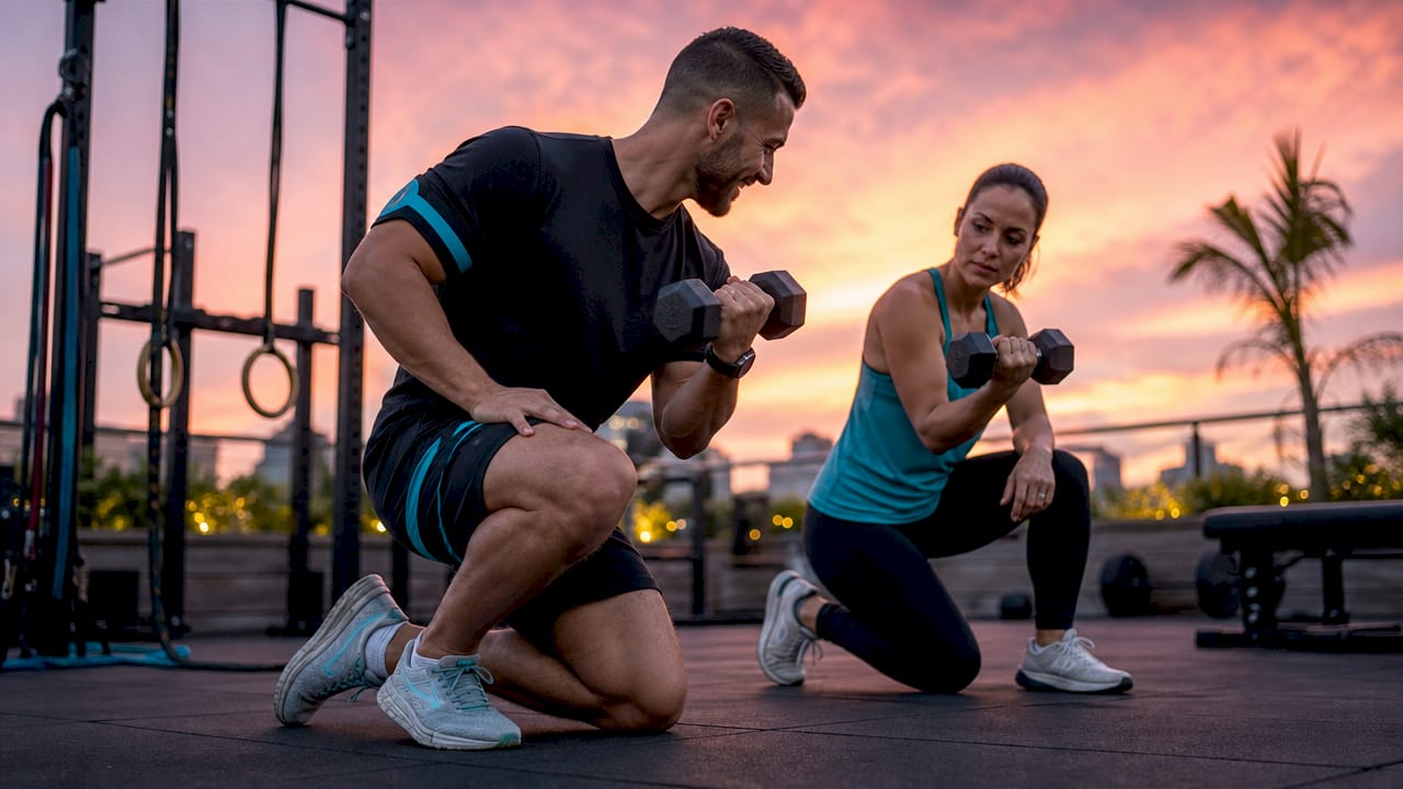 Personal trainer guiding client with weights