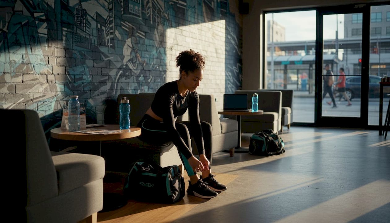 Professional woman at gym locker preparing for workout