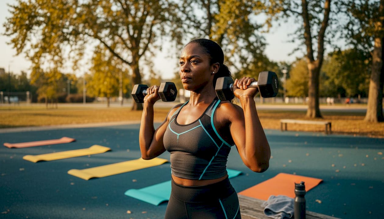 Woman pressing dumbbells in gym
