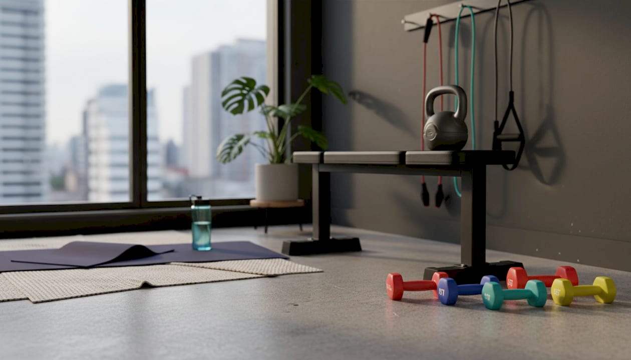 Minimalist home gym setup with free weights