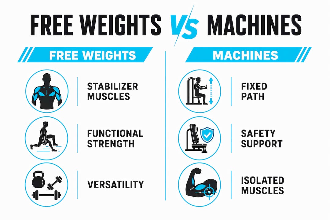 Infographic comparing free weights and machines benefits