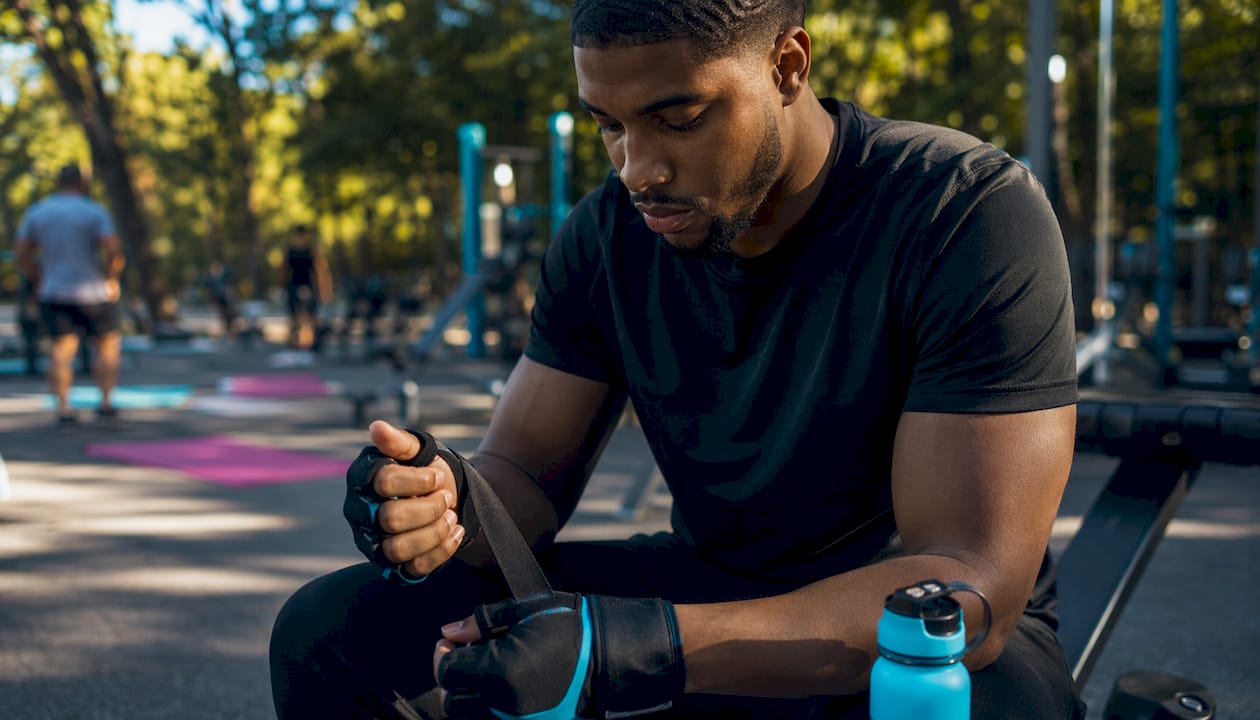 Man preparing for workout in gym