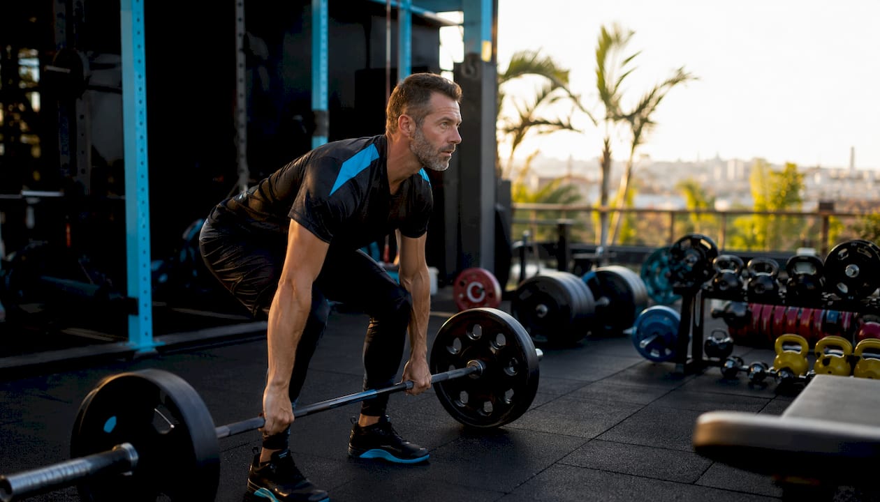 Man lifting weights in gym setting