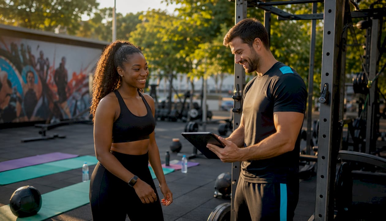 Diverse woman consulting gym coach at front desk