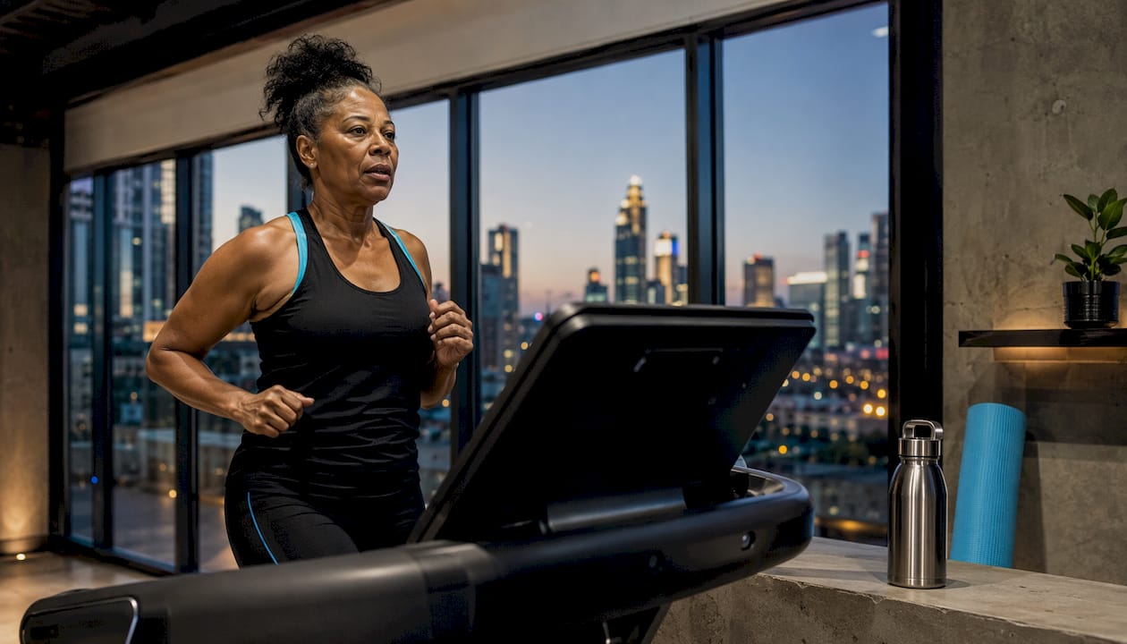Woman running treadmill in gym with sunlight