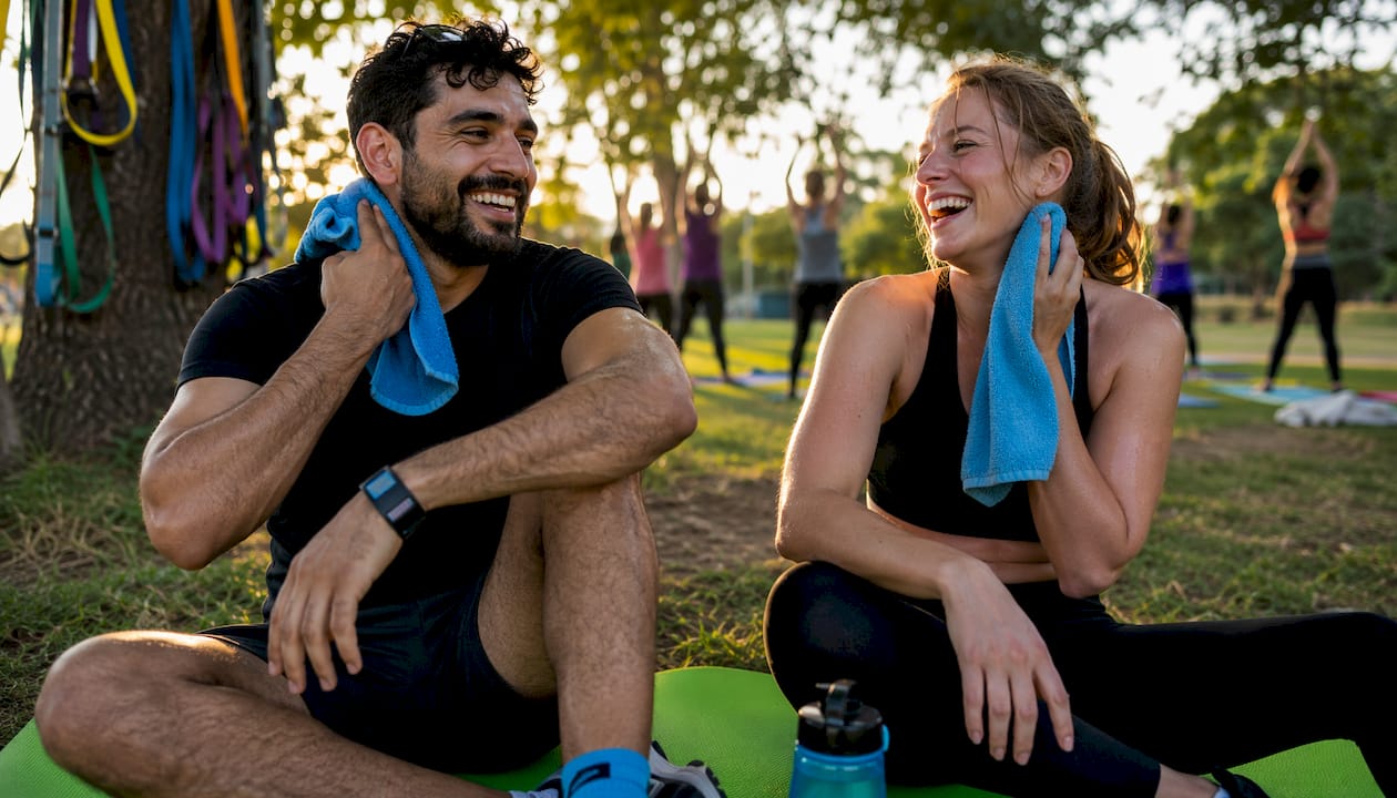 Two friends resting after workout bonding
