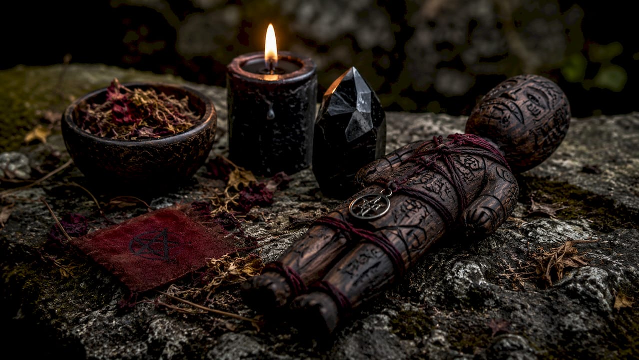 Close-up of black magick ritual tools on table