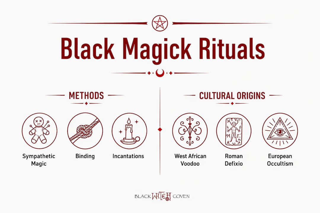 Infographic comparing black magick methods and cultural origins