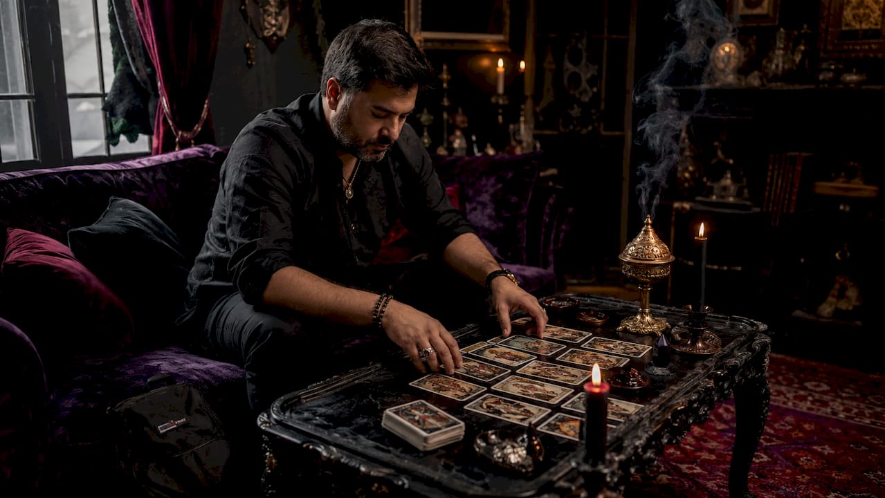 Hands spreading tarot cards on wooden table