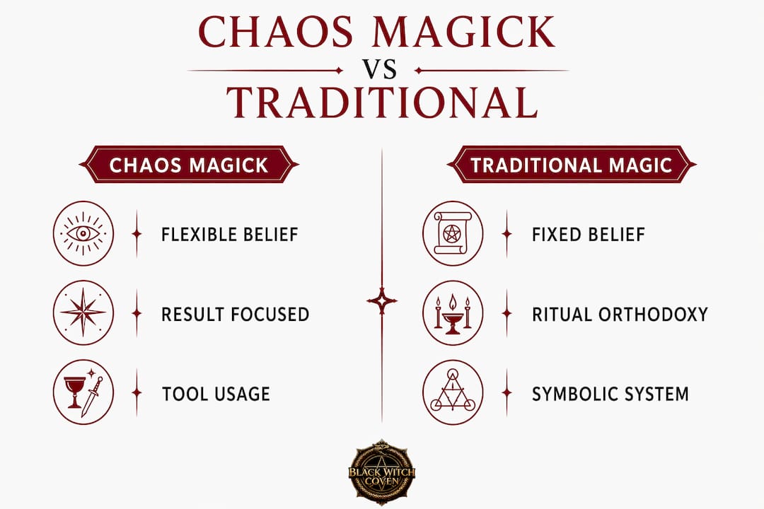 Infographic comparing chaos magick and traditional magic