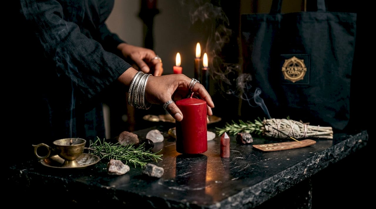Hands lighting candle among money spell tools