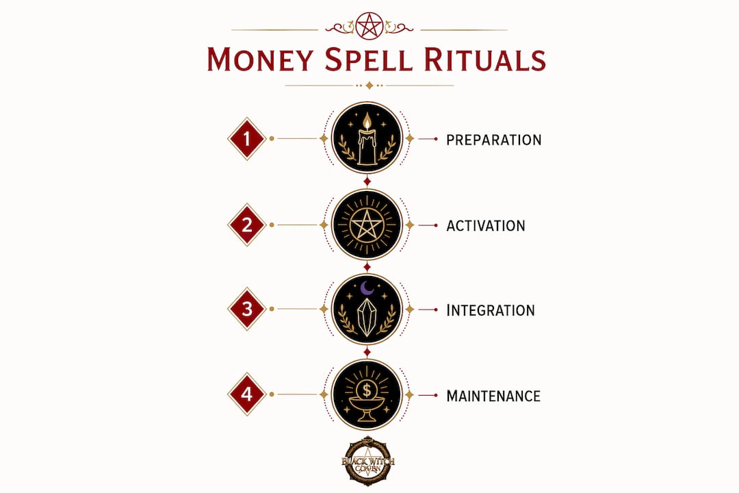 Infographic illustrating money spell ritual steps