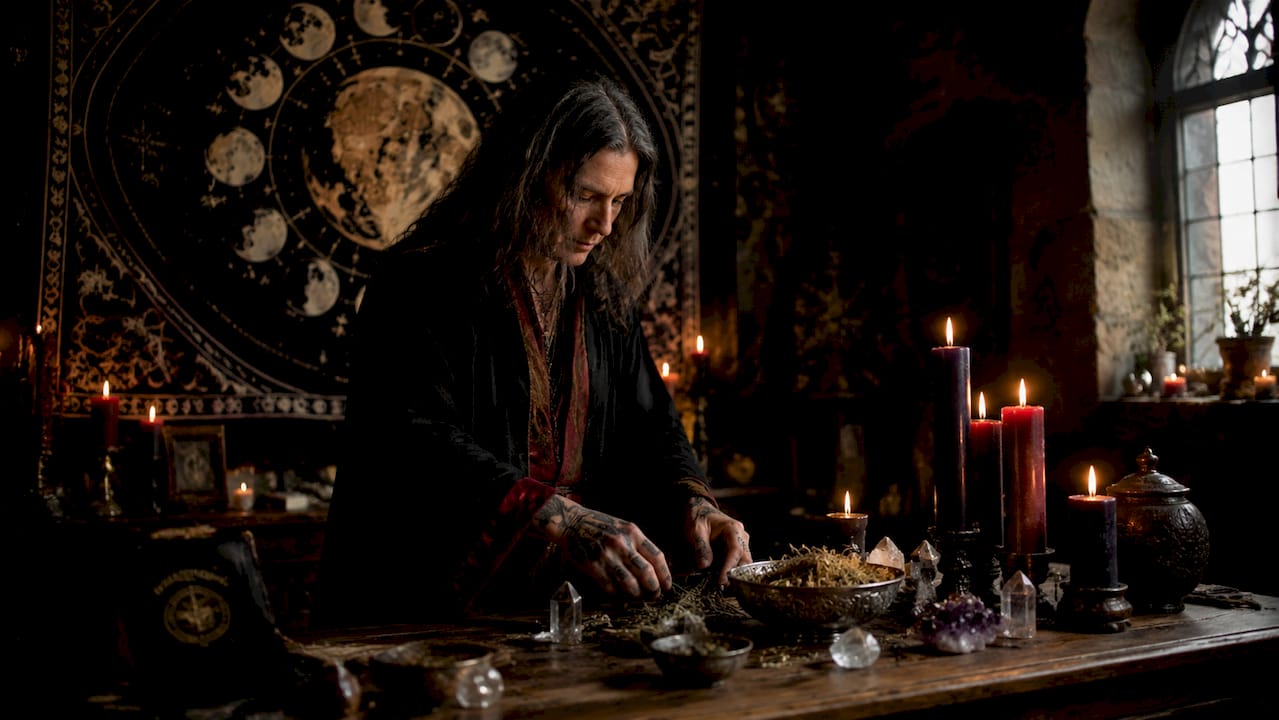 Hands arranging moon phase ritual tools on table