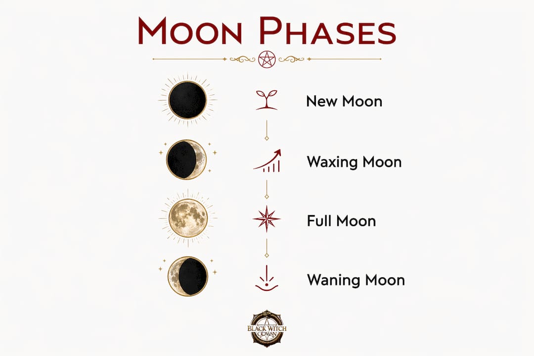 Infographic illustrating main moon phases for black magick