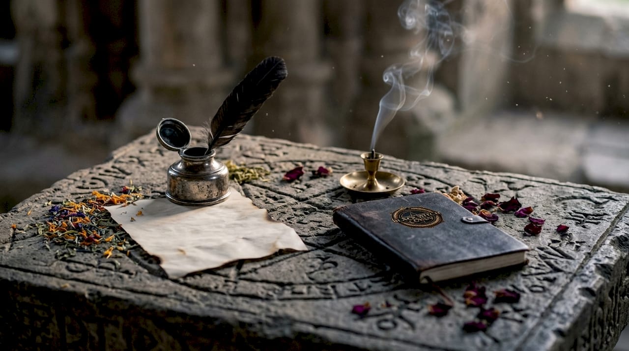 Close-up of occult ritual tools and symbols