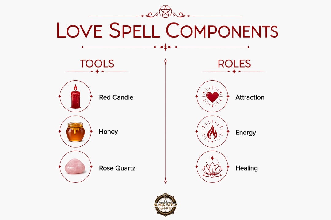 Infographic showing symbolic tools and their roles in love spells