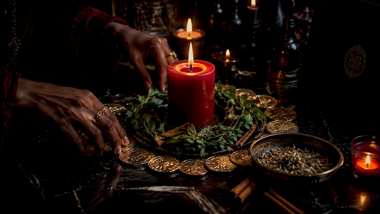 Hands placing coin beside herbs and candle