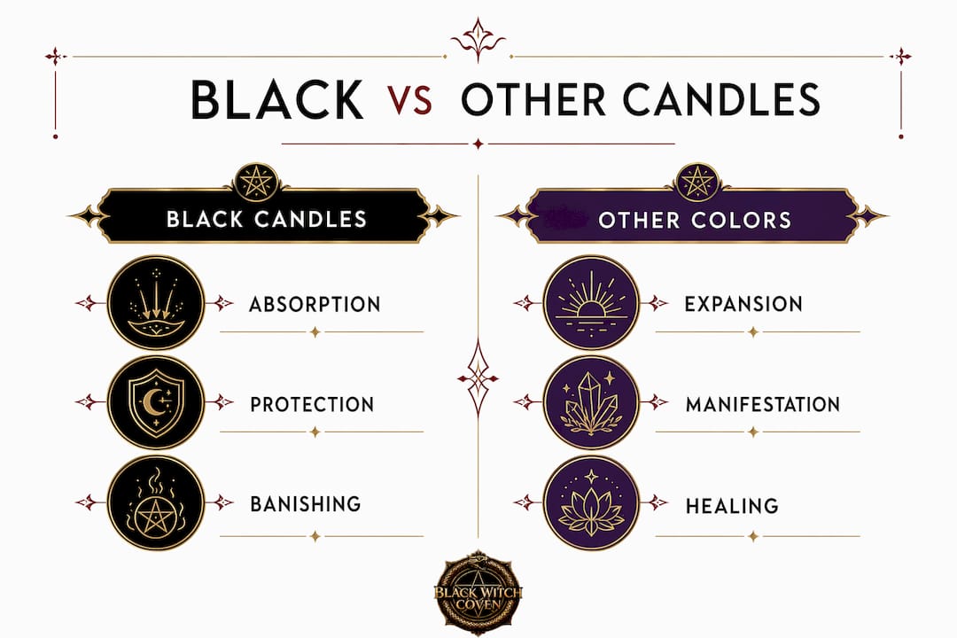Infographic comparing black candle energies with other candle colors