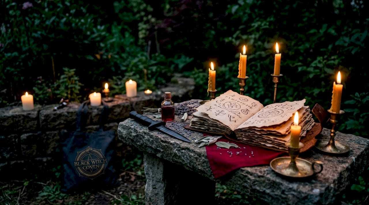 Close-up of blood magick ritual tools on altar