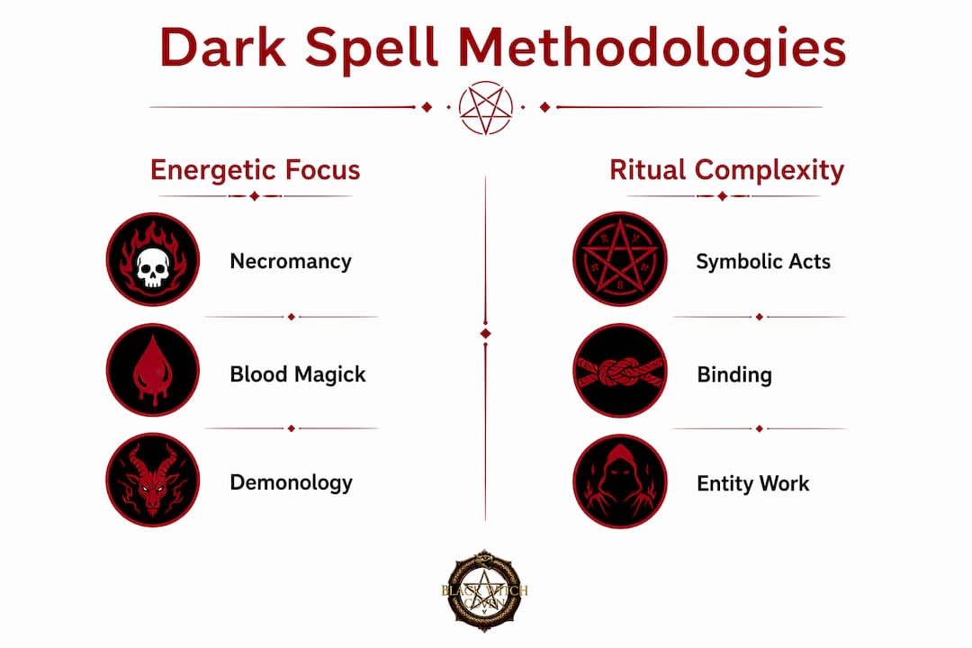 Infographic comparing dark magick methodologies and ritual complexity