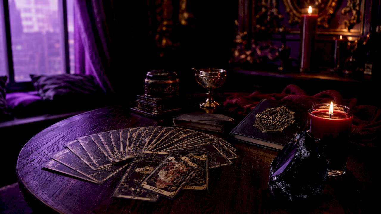 Ritual tools on table for psychic reading