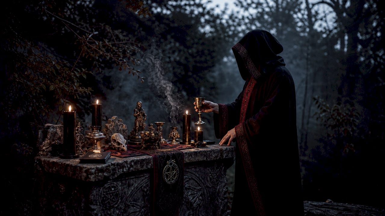 Hooded figure performing ritual at stone altar in forest