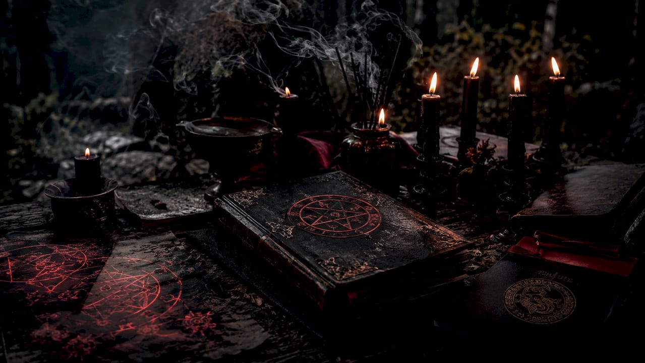 Moody ritual altar with candles and sigils