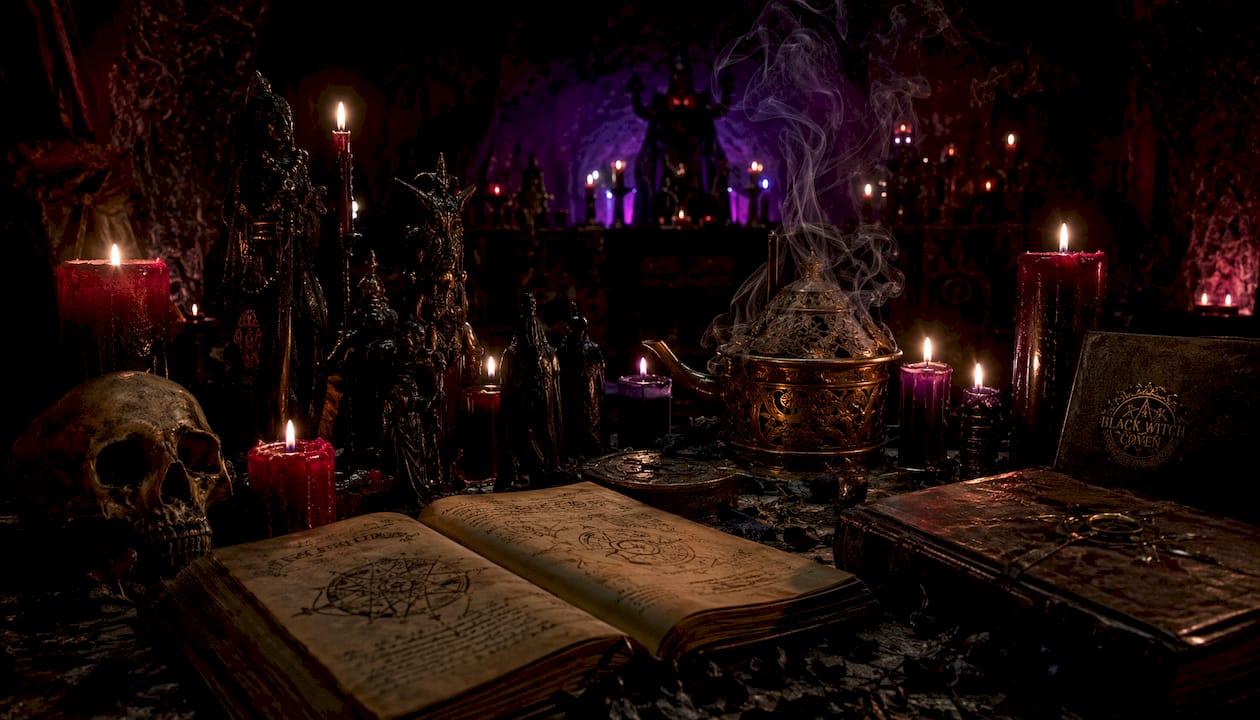 Moody ritual altar with candles and grimoires