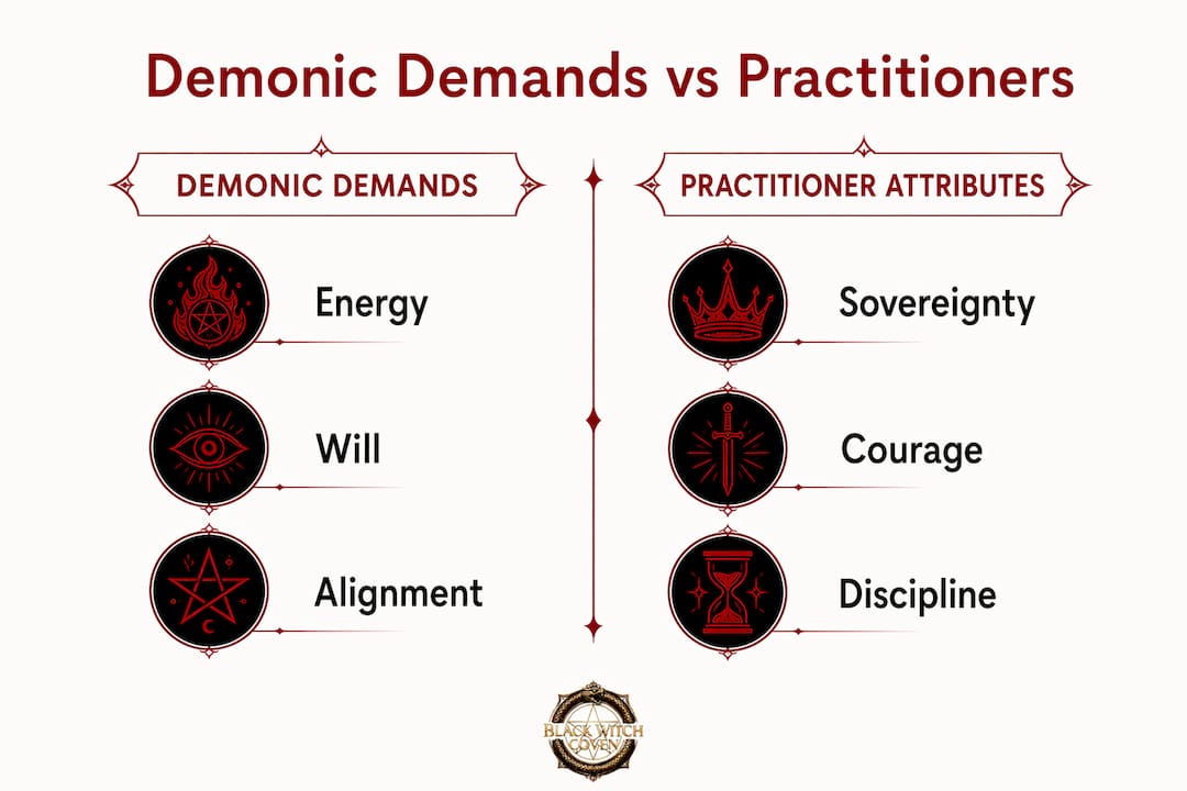 Infographic comparing demonic demands and practitioner attributes