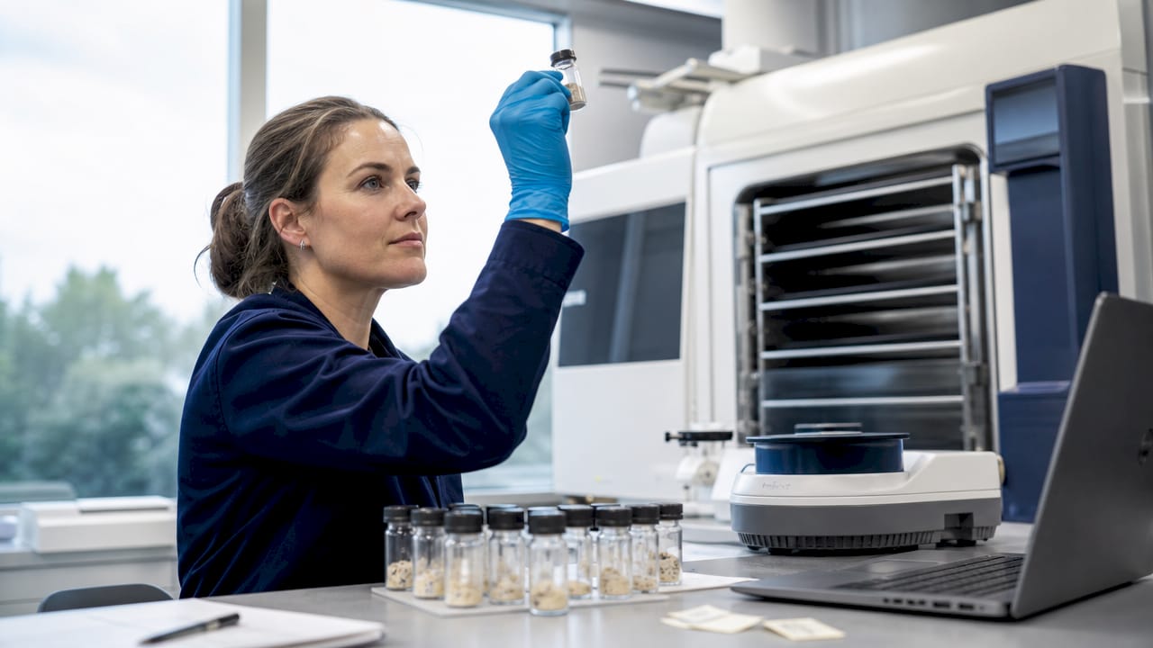 Lyophilization in Compound Storage: A Researcher's Guide 1 Scientist examining freeze-dried compound vial in lab
