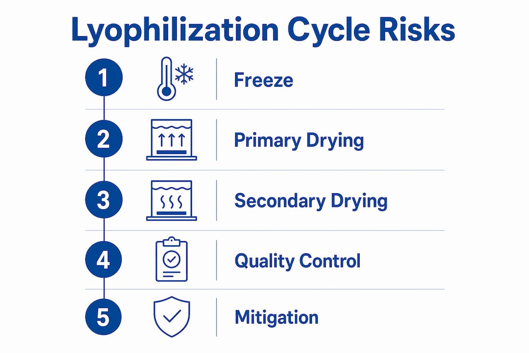 Lyophilization in Compound Storage: A Researcher's Guide 2 Infographic outlining lyophilization stages and risk mitigation steps