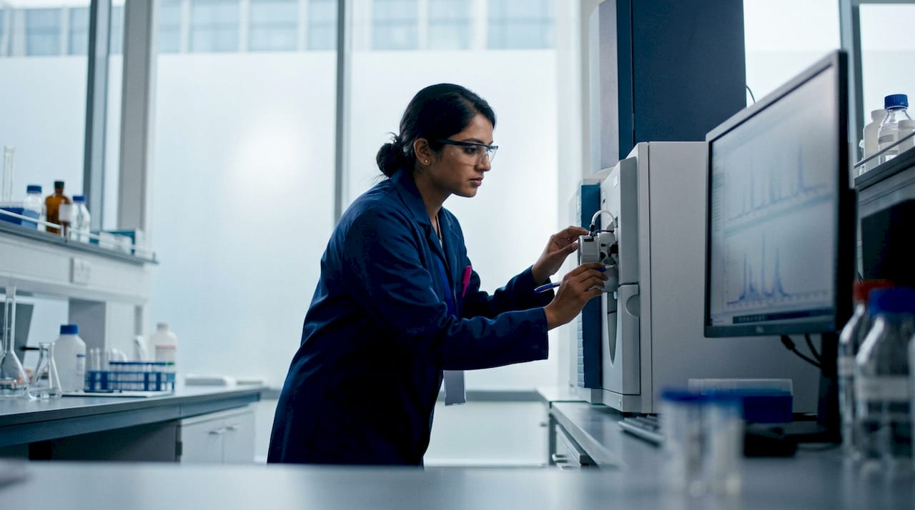 Scientist performing peptide mass spectrometry