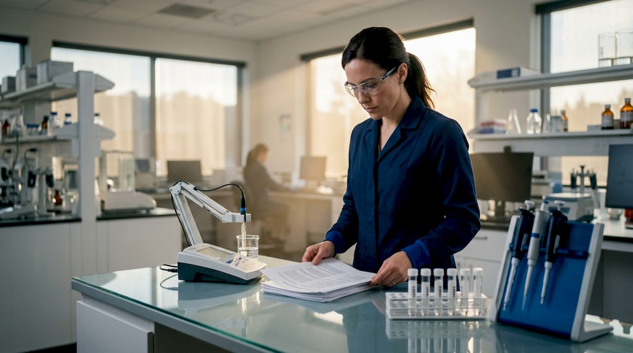 Scientist reviewing lab test reports