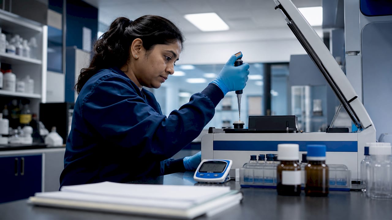 Scientist performing nitrosamine risk test in lab
