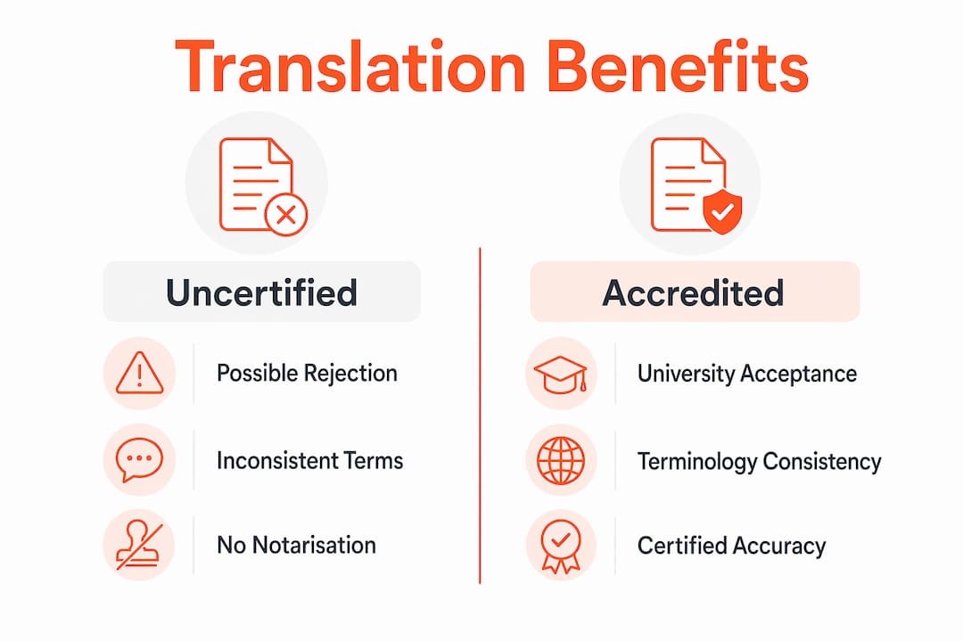Infographic comparing uncertified vs accredited translation benefits.