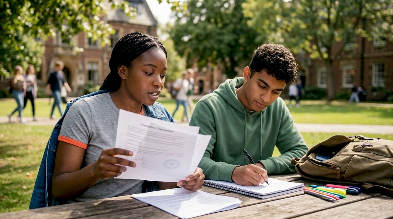 Students discussing certified translation requirements in university setting.