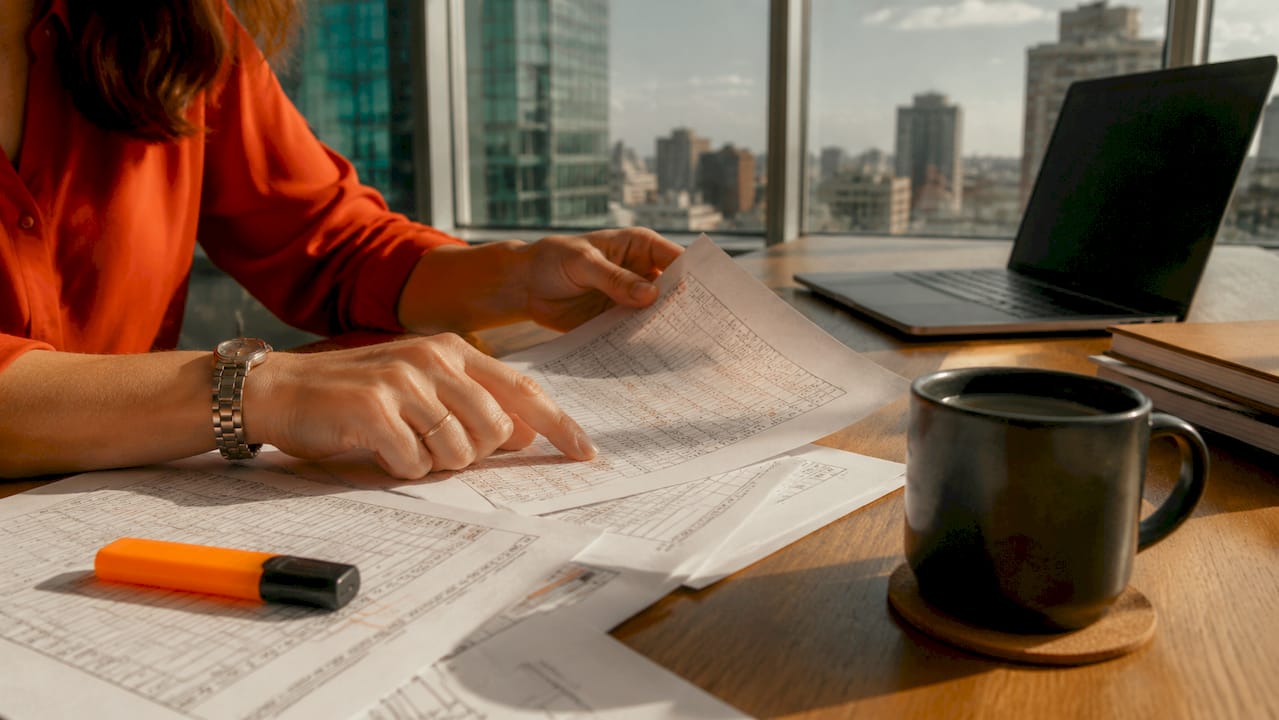Hands comparing financial documents for translation