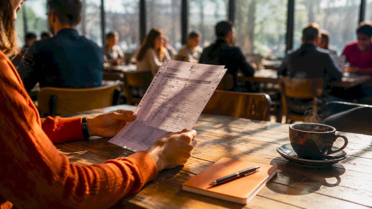 Hands holding academic transcript in library