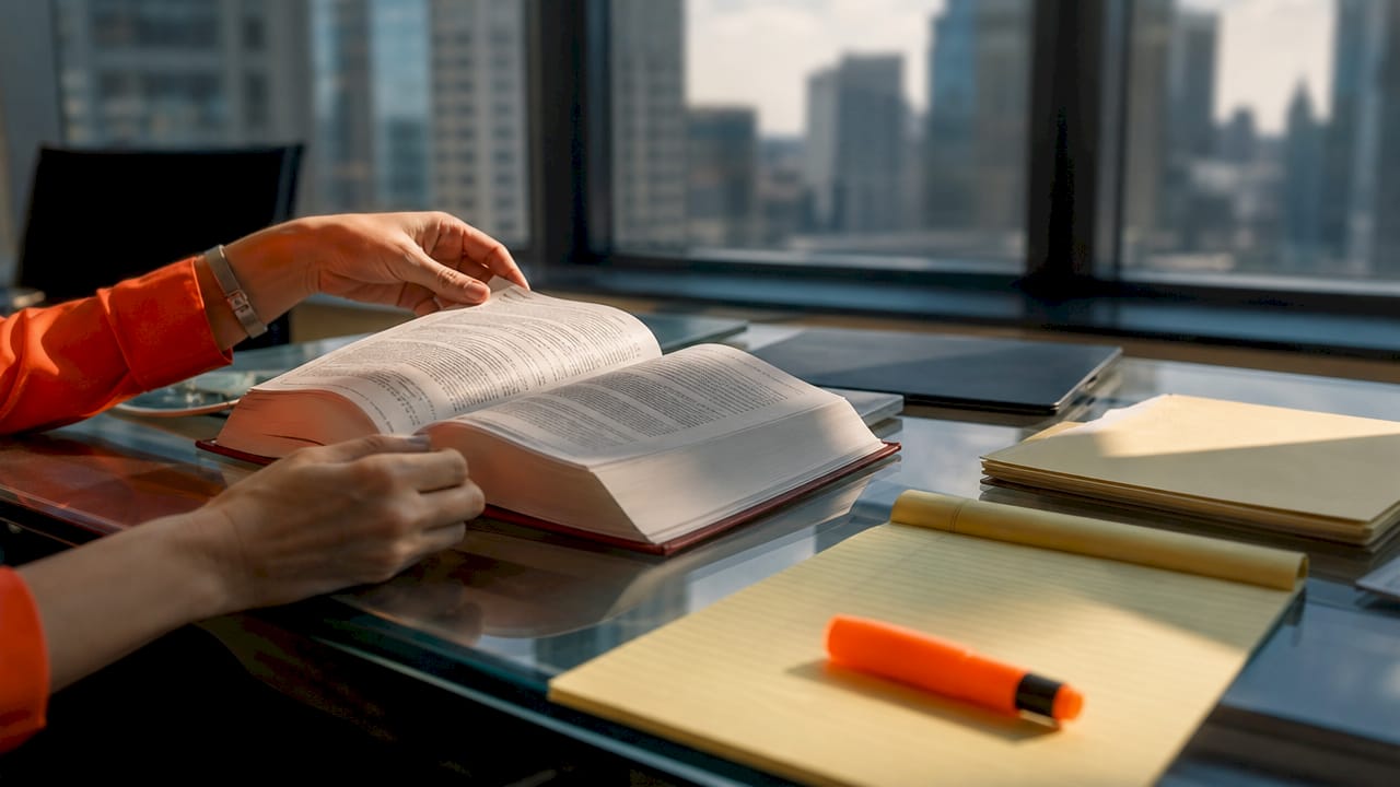 Hands studying legal law book pages