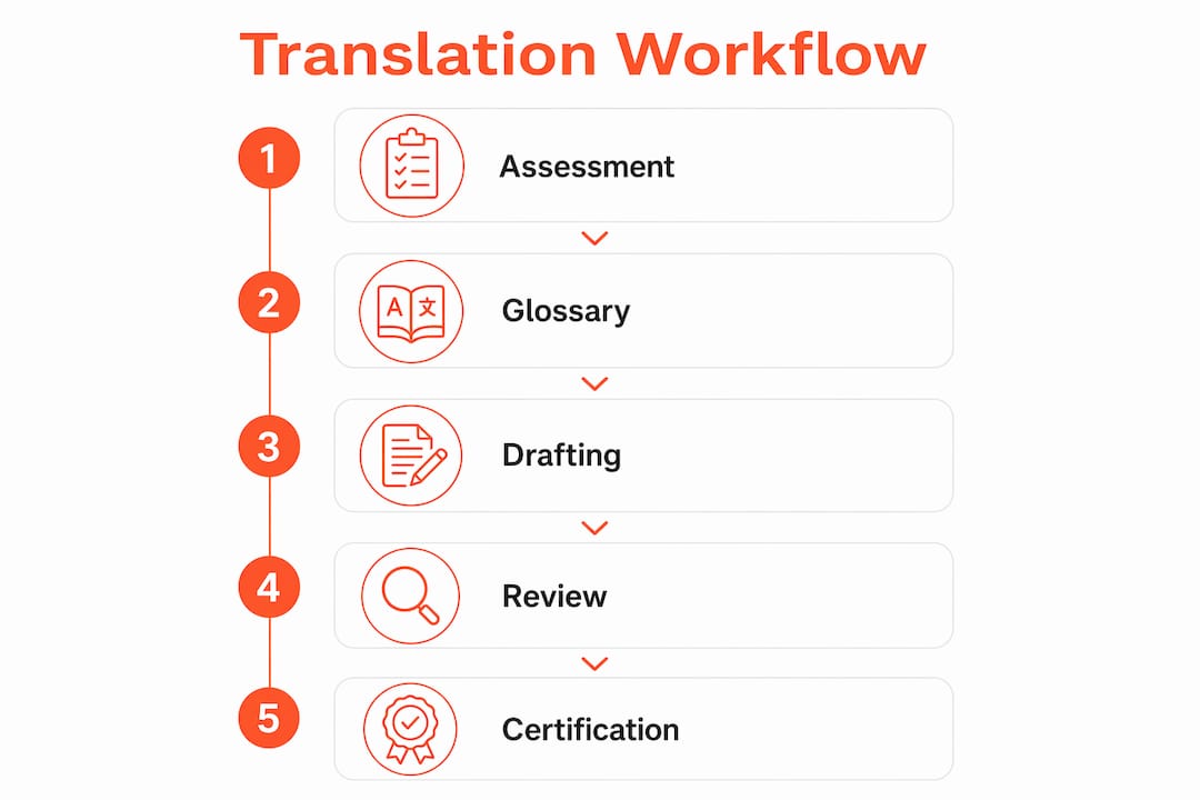 Infographic showing legal contract translation workflow steps