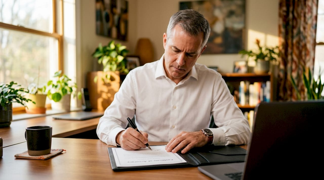 Man signing certificate of accuracy