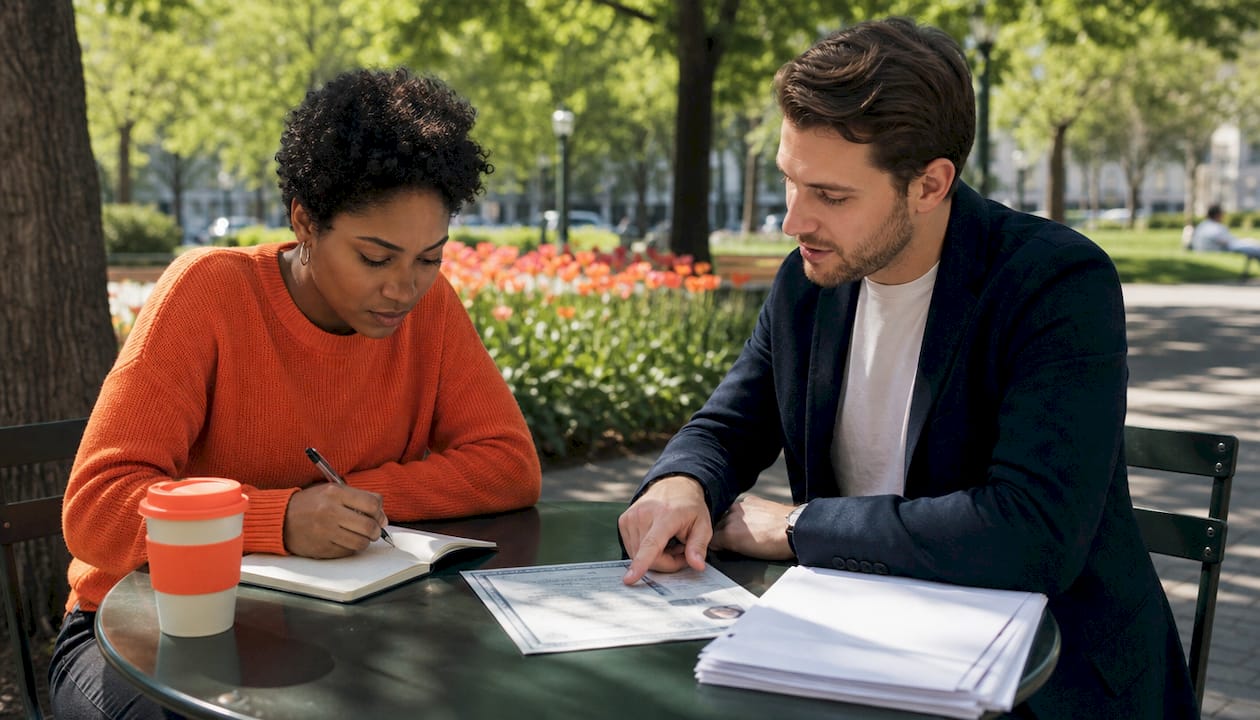 Two people preparing visa translation documents