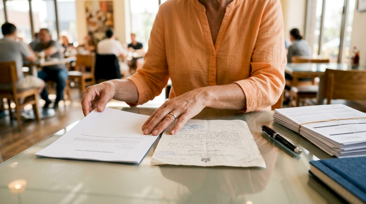 Hands arranging visa application documents