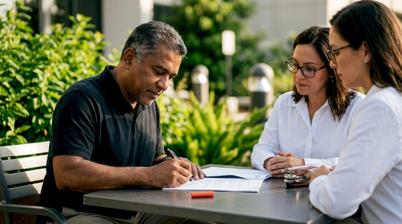 Man signing translation document with notary witness