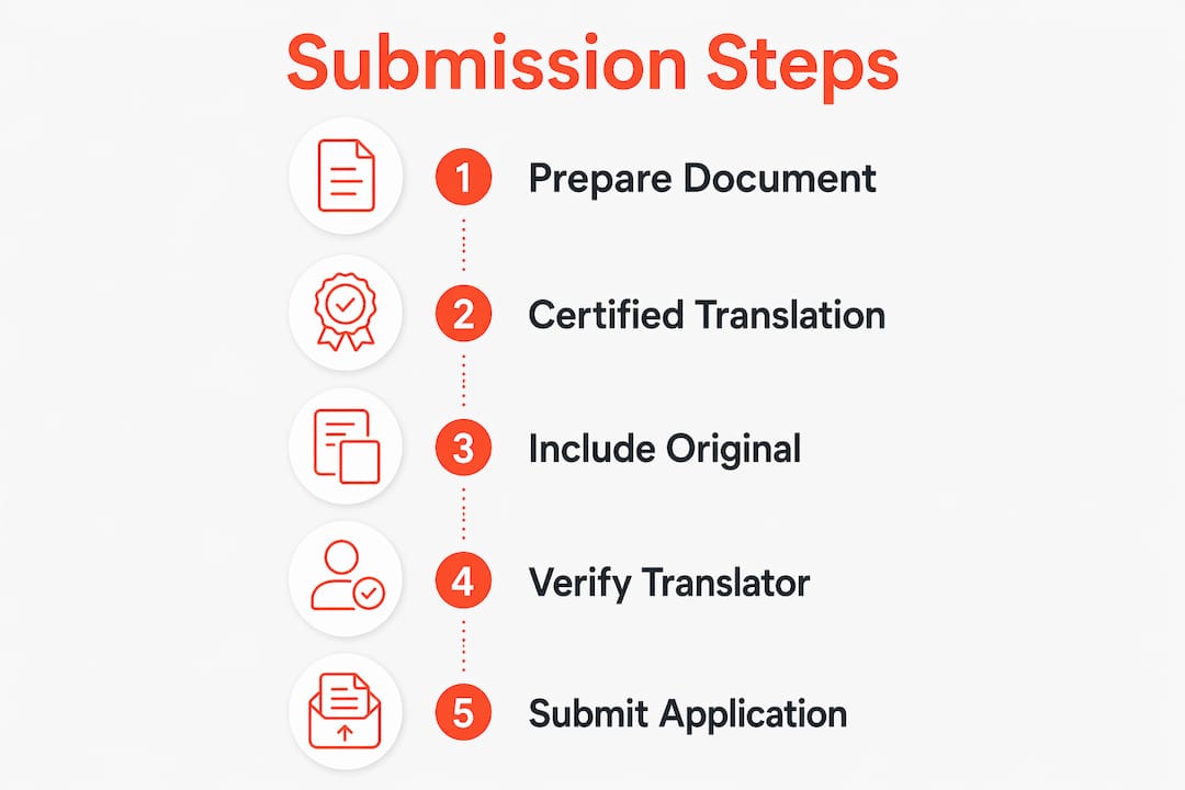 Infographic illustrating steps to submit translated certificate