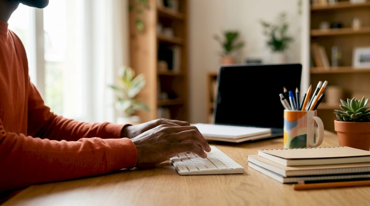 Hands typing on keyboard in translation workspace