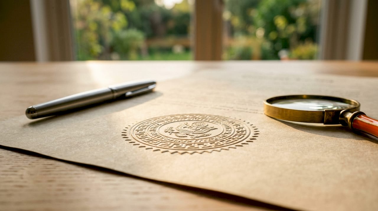 Close-up of embossed translator seal on document