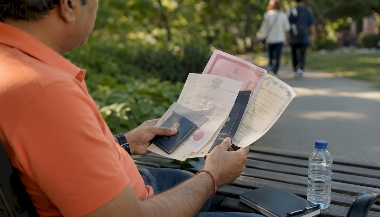 Hands holding translated immigration identity documents